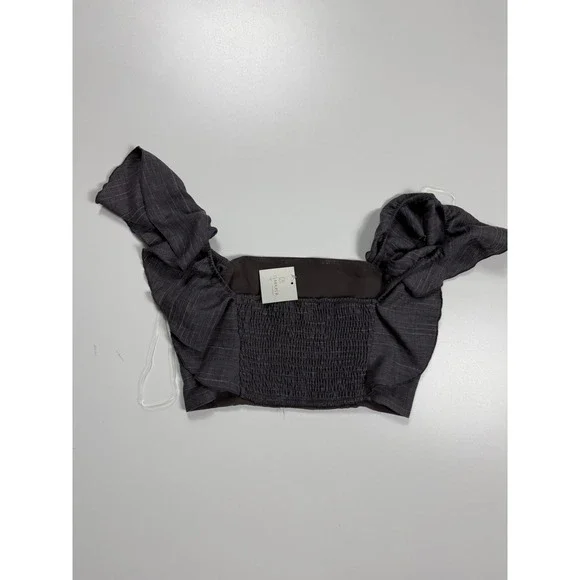 Hyfve Womens Charcoal Grey Pinstripe Ruffle Strap Smocked Back Crop Top Small - Picture 5 of 5